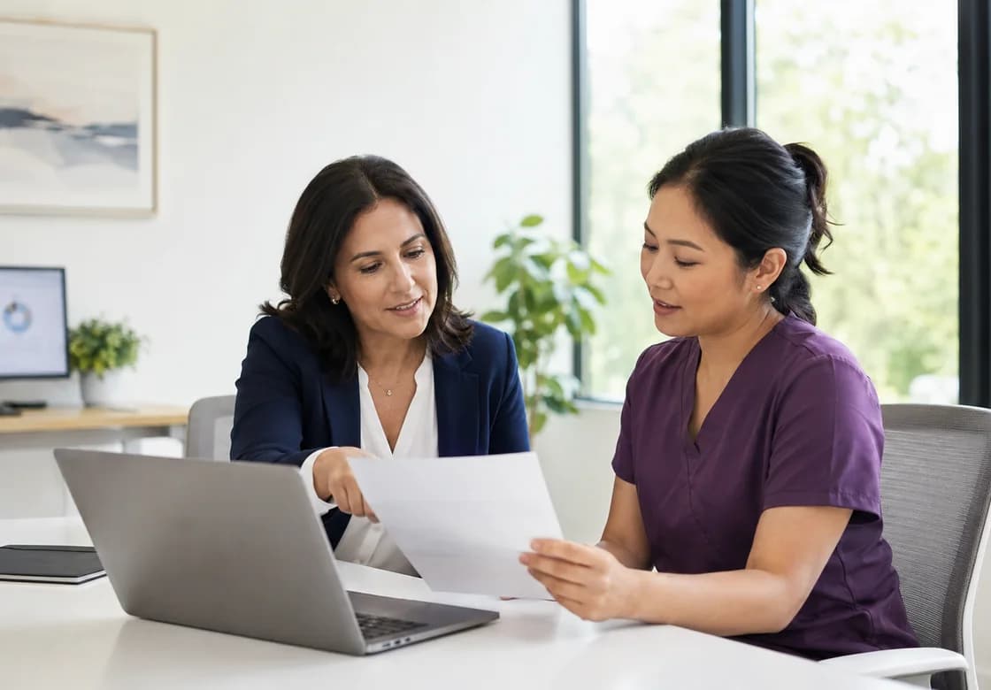 Healthcare practice leader and operations consultant reviewing credentialing and revenue-cycle information together